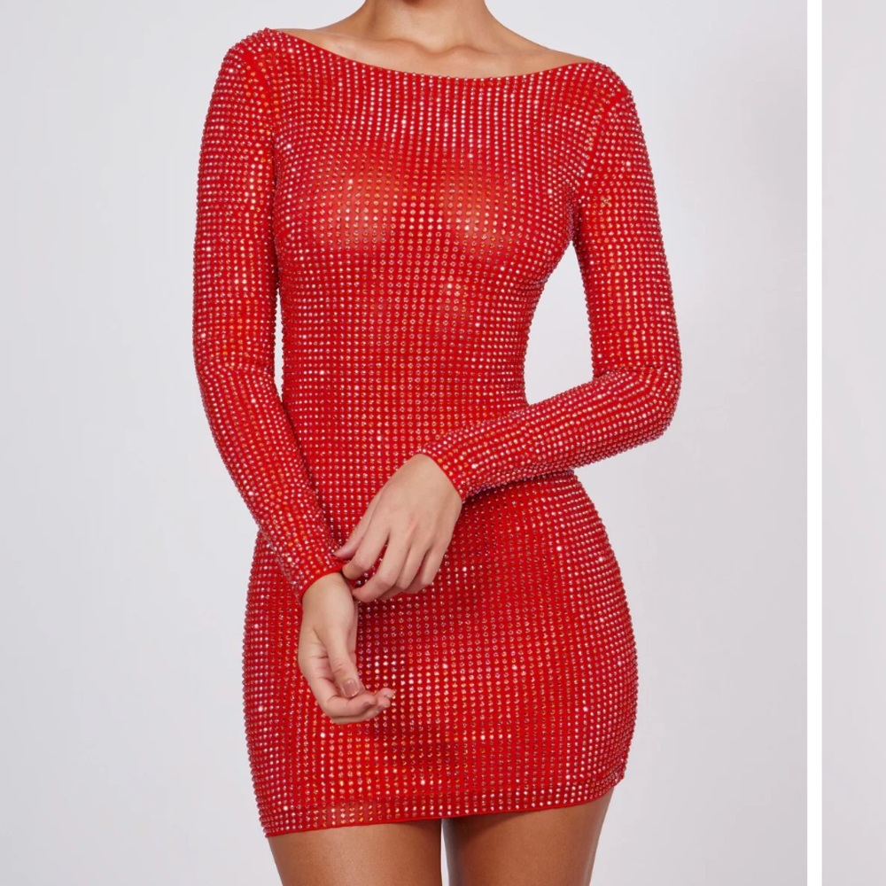 Red rhinestone backless mini dress